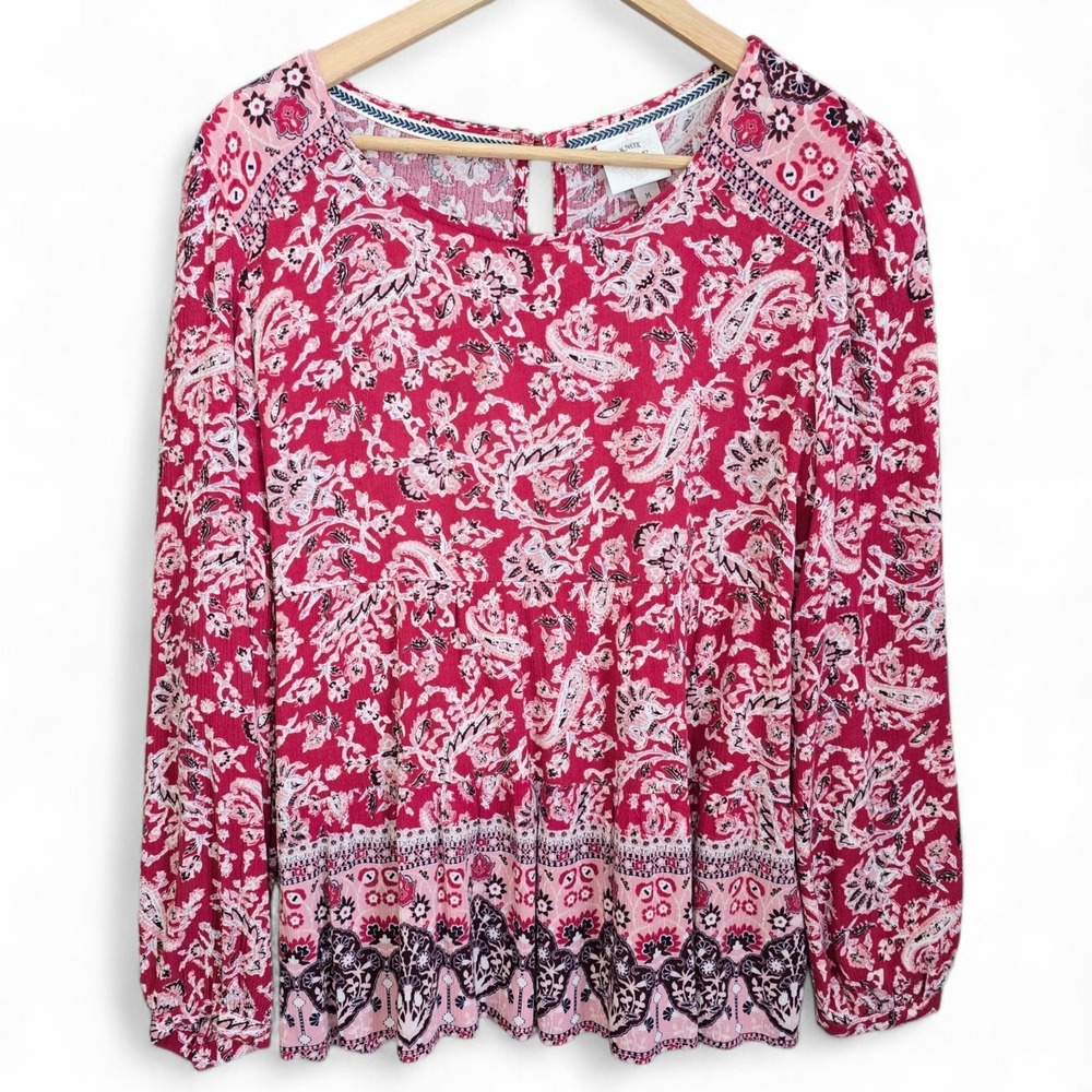 Knox Rose Top Womens Medium Magenta Floral Print Gauze Boho Keyhole Button